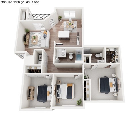 Floor plan for 3 beds, 2 baths, 1165 sqft